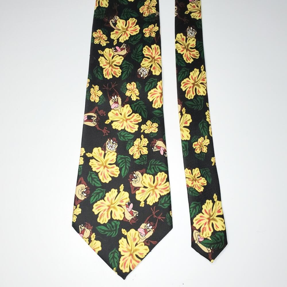 Looney Tunes Taz Tasmanian Devil‎ Hibiscus Tropical Vintage 2000 Black Necktie
